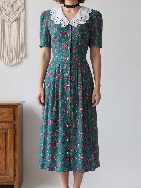 Miss Dorby Dresses & Skirts - Miss Dorby Vintage Green and Pink Dress with Lace Yolk Collar Size 12P 80s Retro
